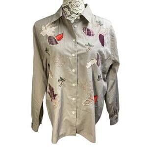 Karen Scot sport nature leaf patch long sleeve button up shirt L brown